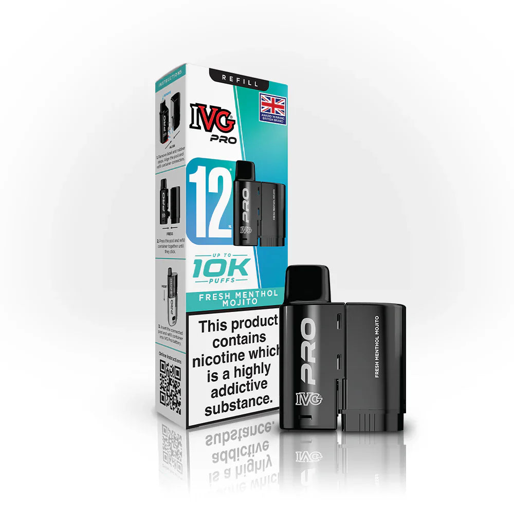 IVG Pro 12 Refill Pods – 2ml + 10ml | Up to 10,000 Puffs | 20mg Nic Salt - Fresh Menthol Mojito image