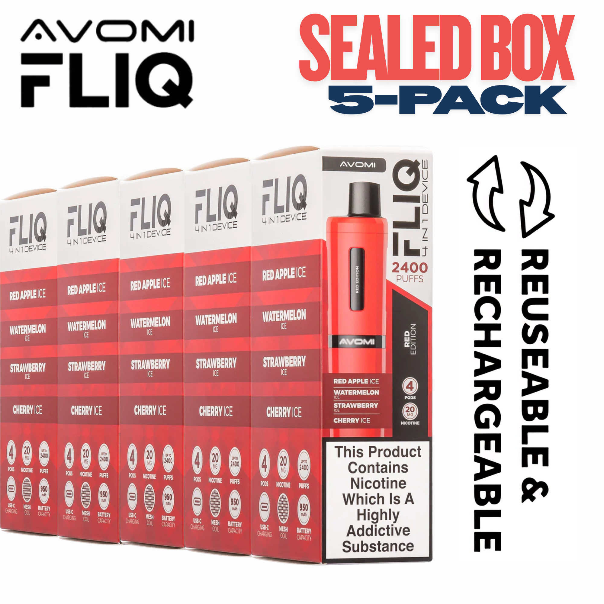 Avomi FLIQ 4-in-1 Prefilled Pod Kit – 2400 Puffs (5-Pack) Avomi FLIQ