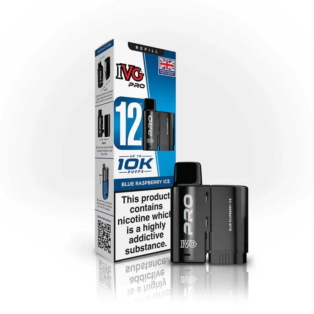 IVG Pro 12 Refill Pods – 2ml + 10ml | Up to 10,000 Puffs | 20mg Nic Salt - Blue Raspberry Ice image