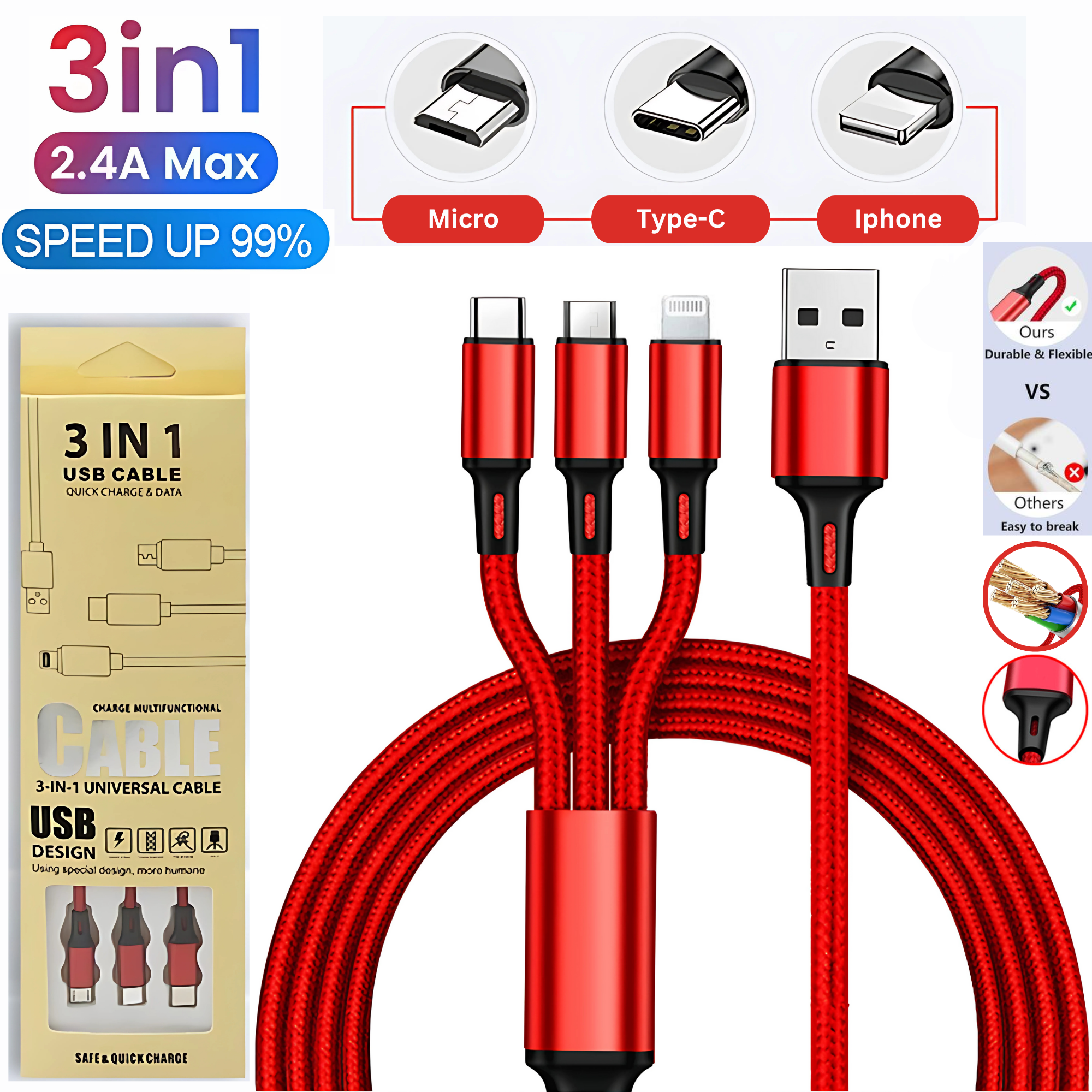 3-in-1 Charging Cable - USB to Micro, iPhone & Type-C