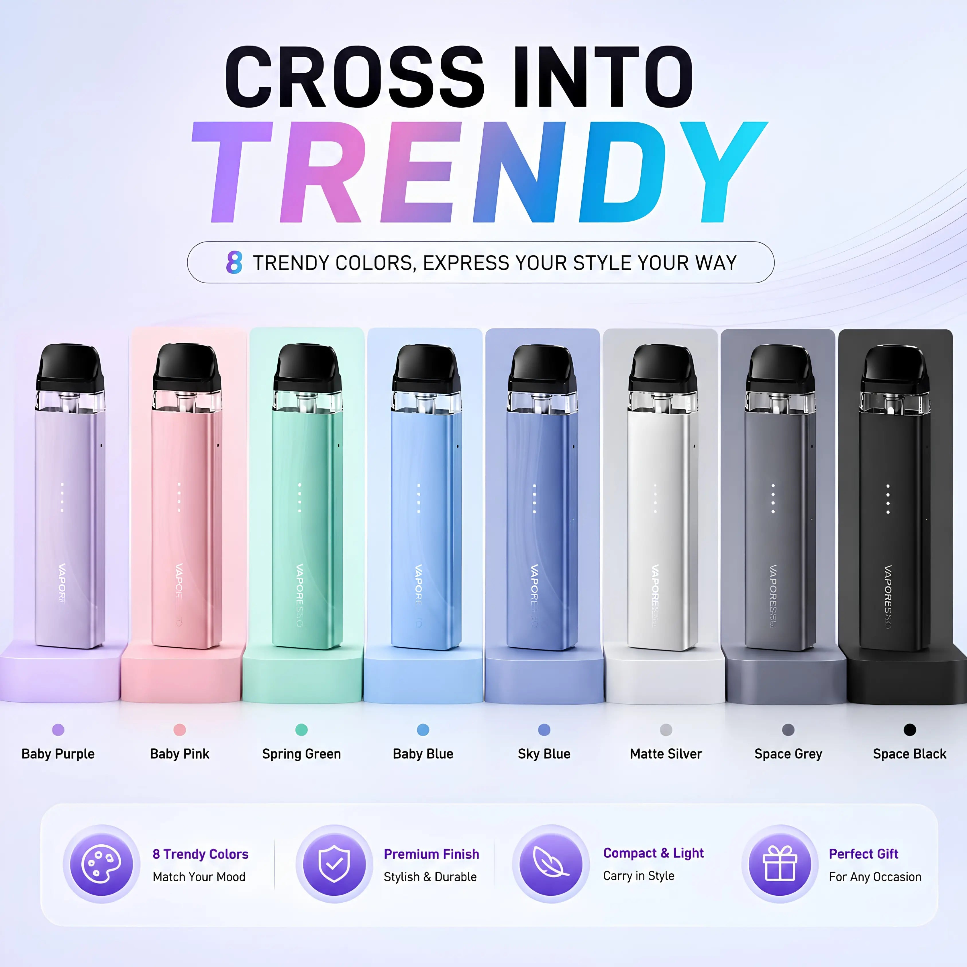 Vaporesso XROS Mini Retro pod vape kit in 8 colours including Baby Purple, Baby Pink, Spring Green, Baby Blue, Sky Blue, Matte Silver, Space Grey and Space Black