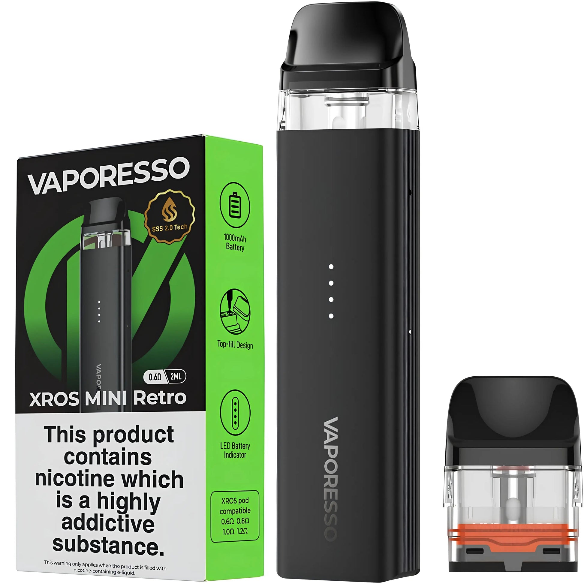 Vaporesso XROS Mini Retro Space Black pod kit with box and refillable XROS pod