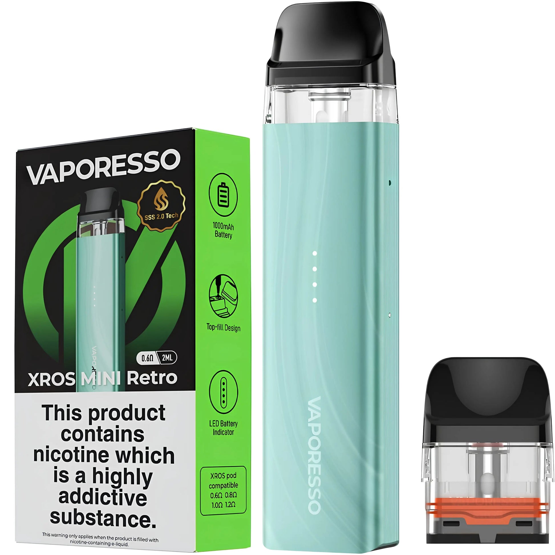 Vaporesso XROS Mini Retro Spring Green refillable pod vape kit with 0.6 ohm XROS pod