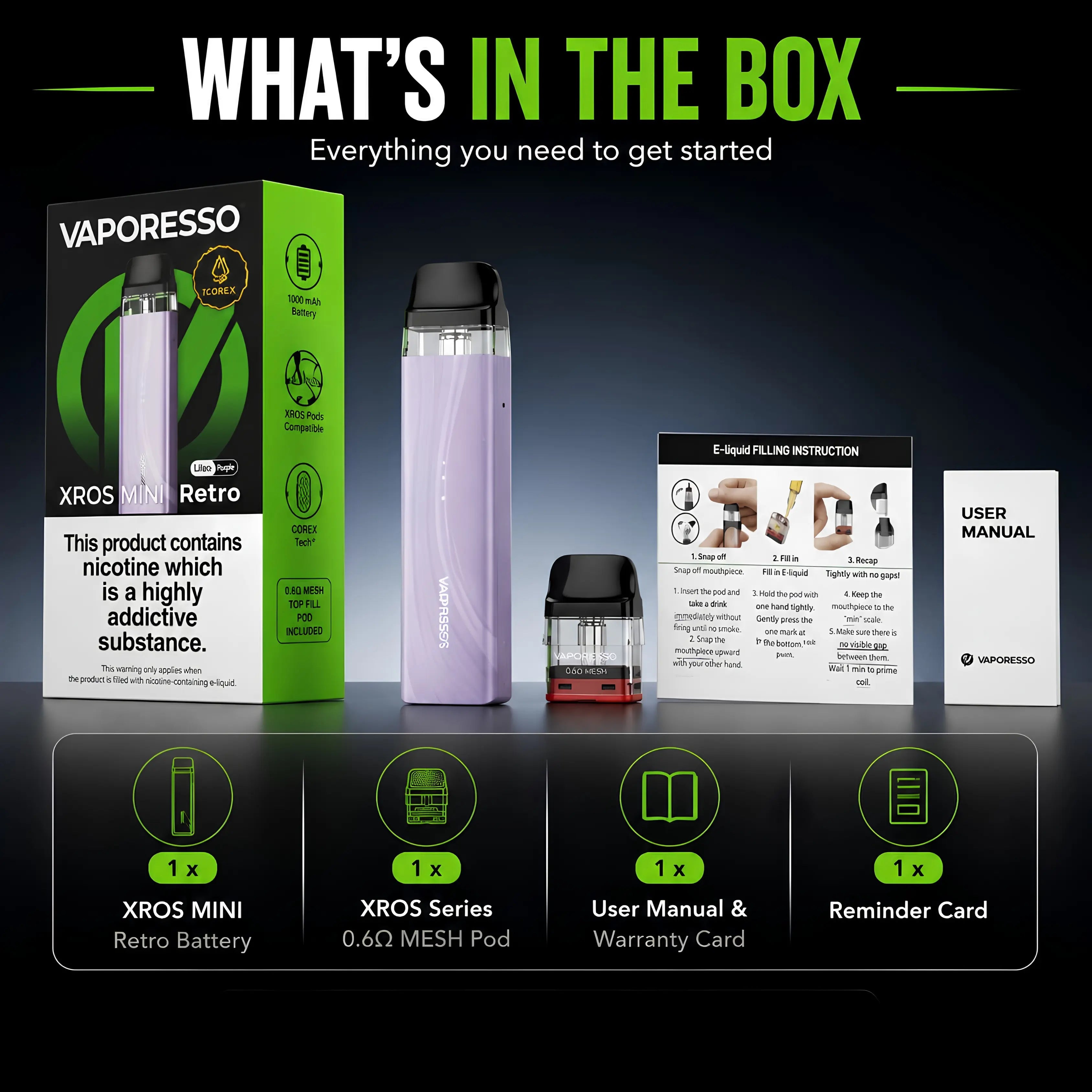 Vaporesso XROS Mini Retro box contents including device, 0.6 ohm XROS pod, user manual and reminder card